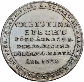 Christina Specht, Stockholm, Begravningsmedalj 1721 - Extremt sällsynt RRR - En bruten levnadsbana i silver