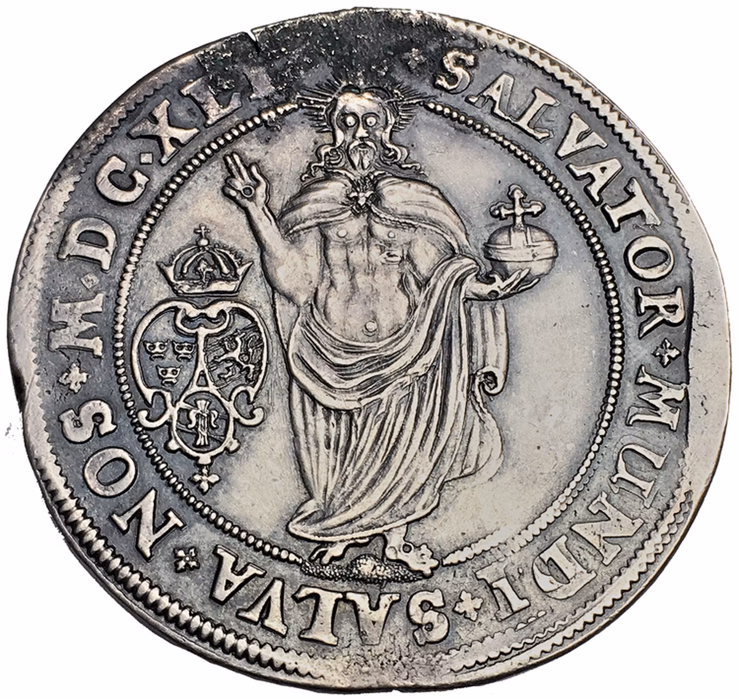 Kristina, Stockholm, Riksdaler 1641, Salvatorn stående på kulle - RR - 6 kända exemplar i privat ägo - Mysteriet med kullen: Teologi eller tekniskt misstag?