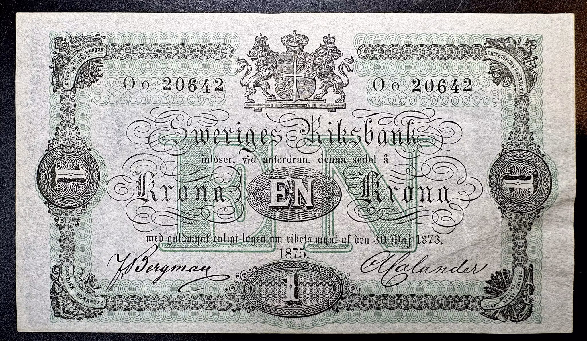 Sveriges Riksbank, Sedel om 1 Krona 1875 - Ovikt sedel med full pappersfräschör