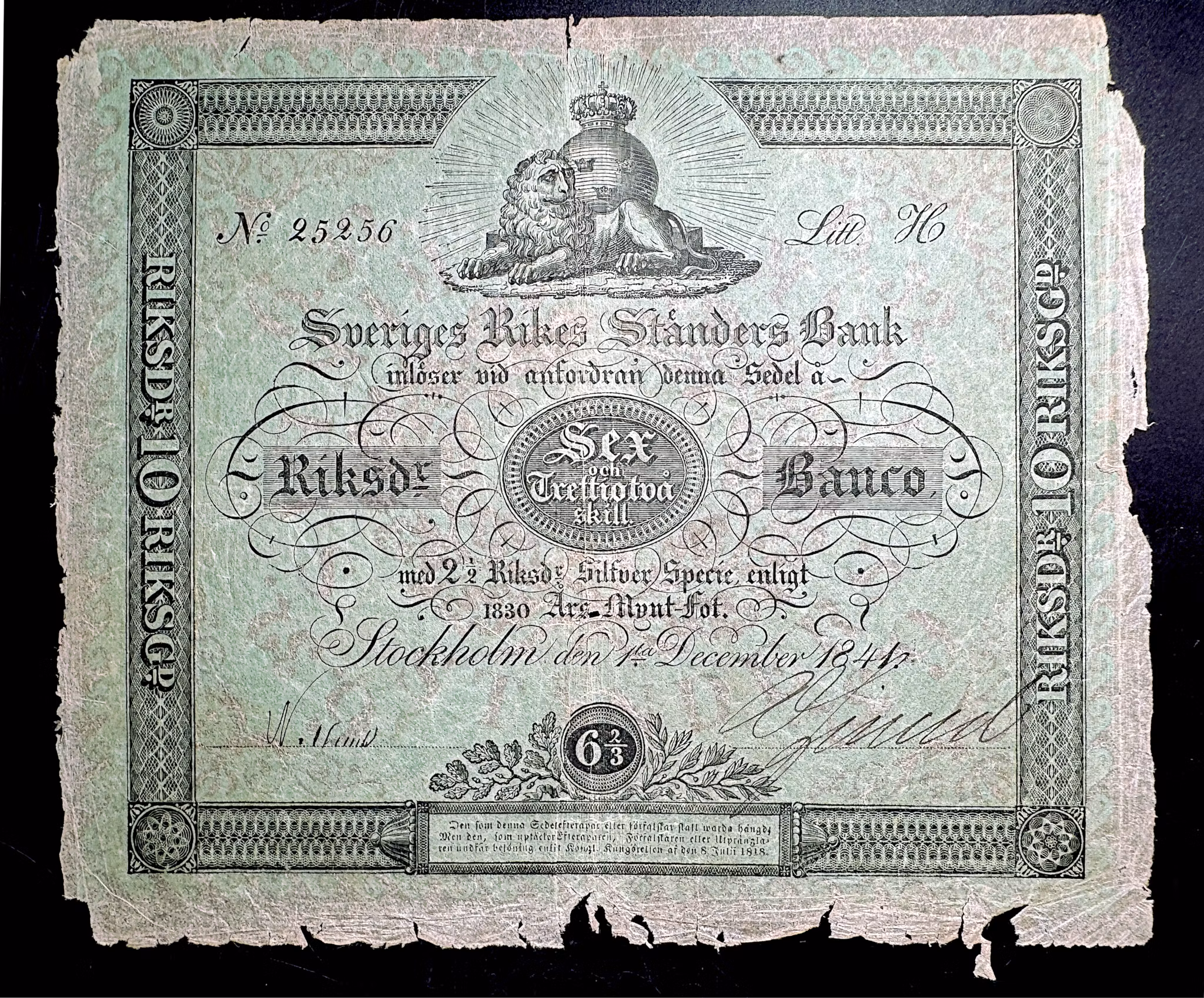 Sveriges Rikes Ständers Bank, Stockholm, 6 2/3 Riksdaler Banco 1841 - Mycket sällsynt