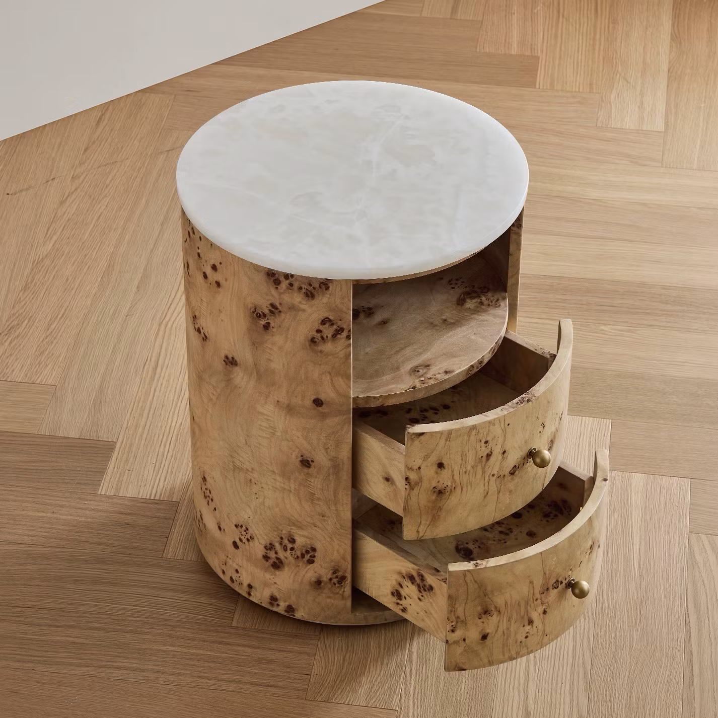 Hailey Bedside Table Burl Wood White Onyx Top