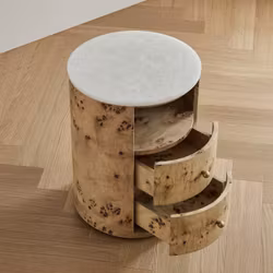 Hailey Bedside Table Burl Wood White Onyx Top