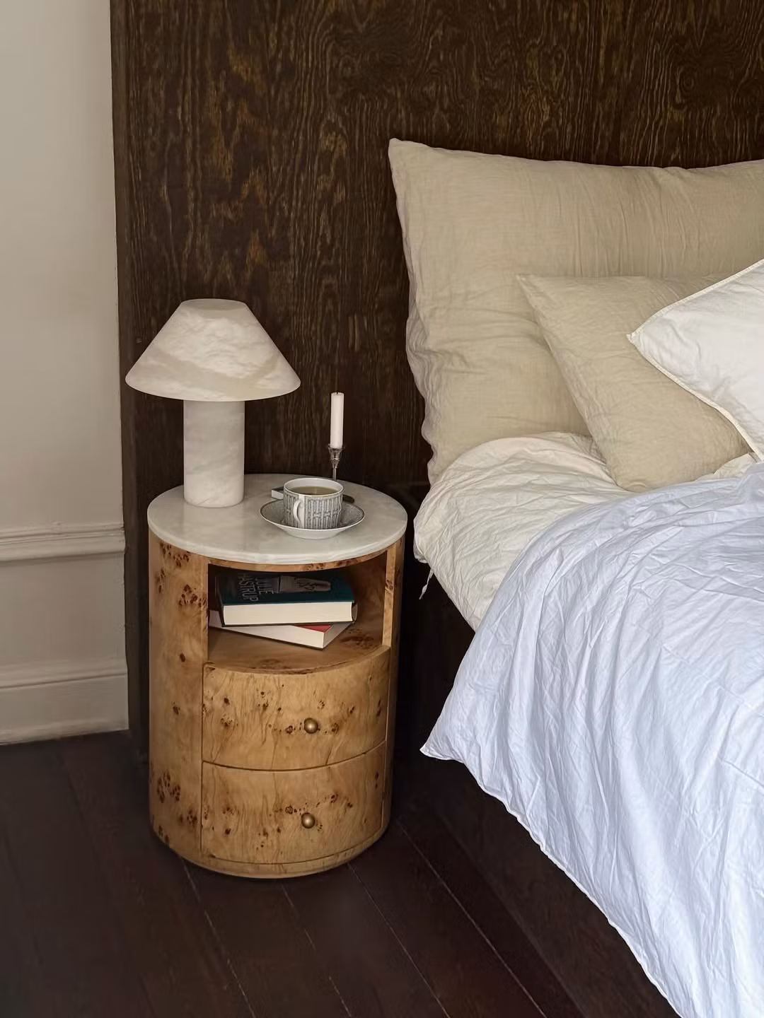 Hailey Bedside Table Burl Wood White Onyx Top
