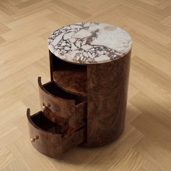 Hailey Bedside Table Walnut Burl Calacatta Viola Top