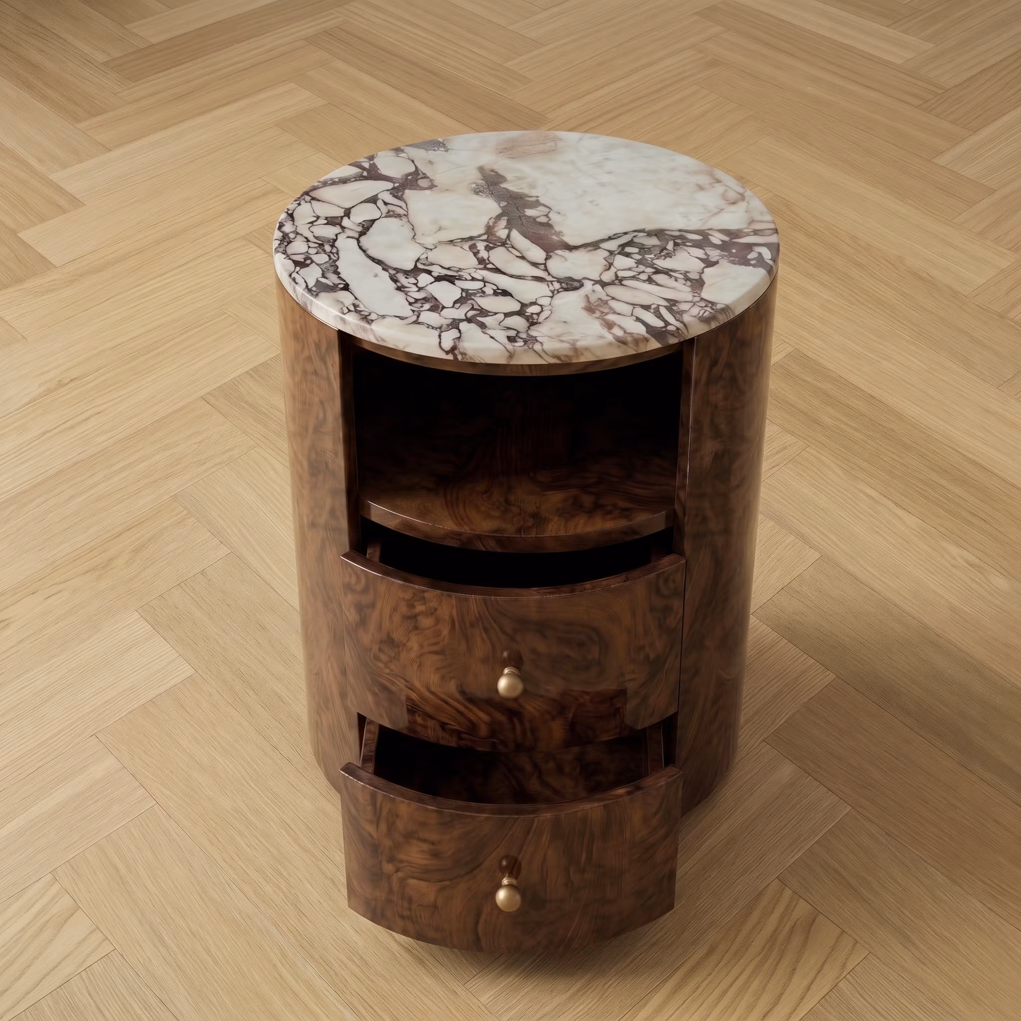 Hailey Bedside Table Walnut Burl Calacatta Viola Top