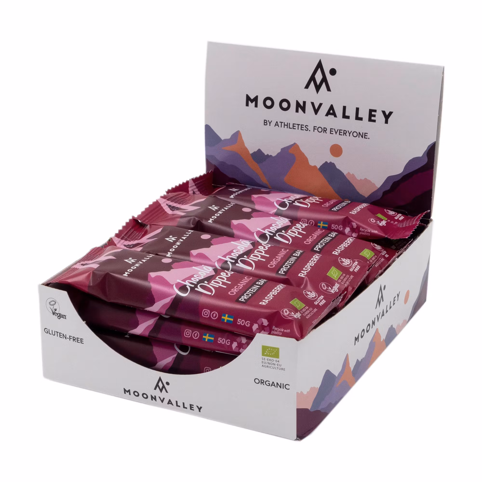 Moonvalley Bio-Proteinriegel mit Schokoladenüberzug und Himbeere, 12er-Pack