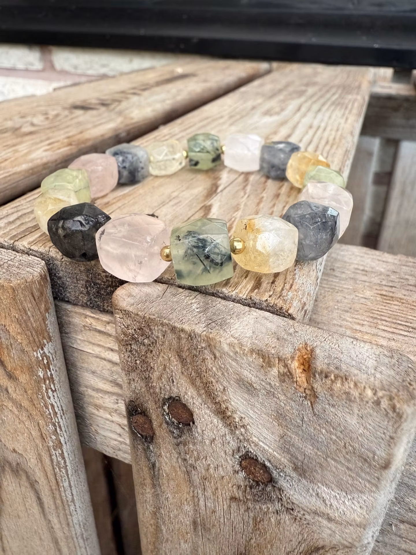 Armband – Citrin, rutilkvarts, rosenkvarts & prehnit