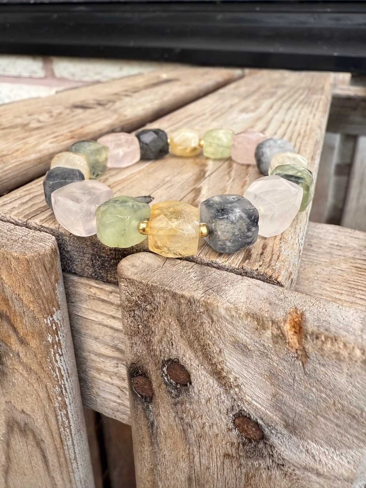 Armband – Citrin, rutilkvarts, rosenkvarts & prehnit