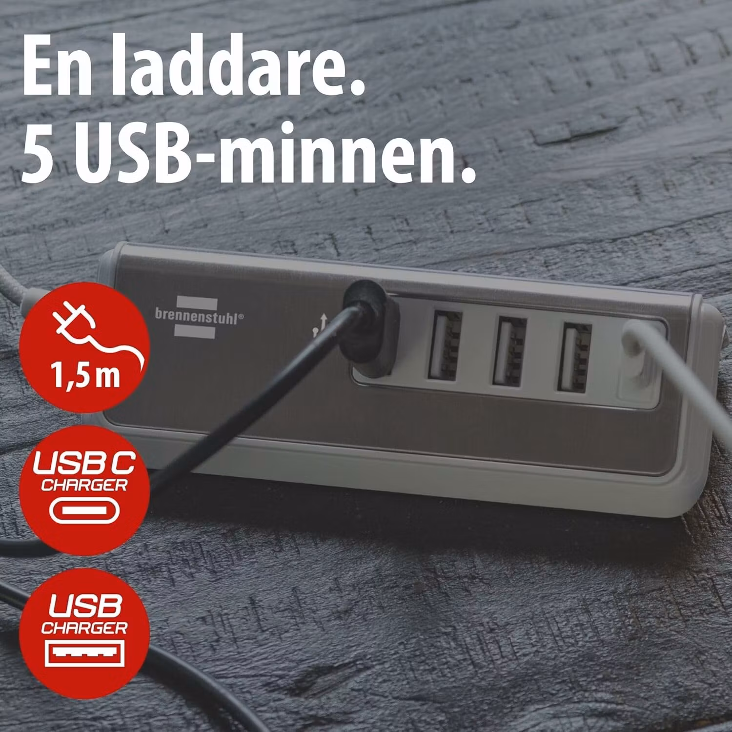 brennenstuhl®estilo USB-laddare med flera portar med 4x USB-A och 1x USB C Power Delivery-port