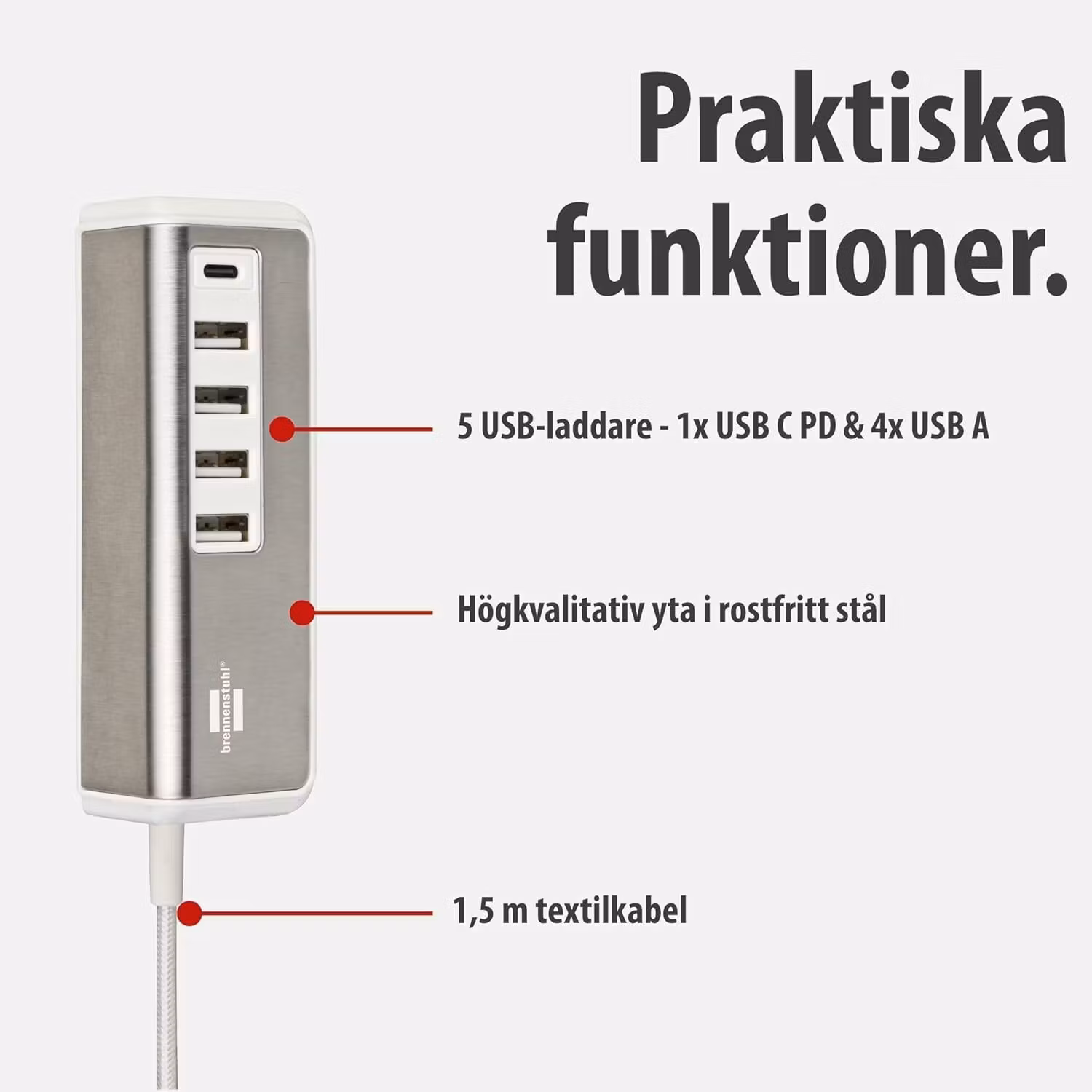 brennenstuhl®estilo USB-laddare med flera portar med 4x USB-A och 1x USB C Power Delivery-port