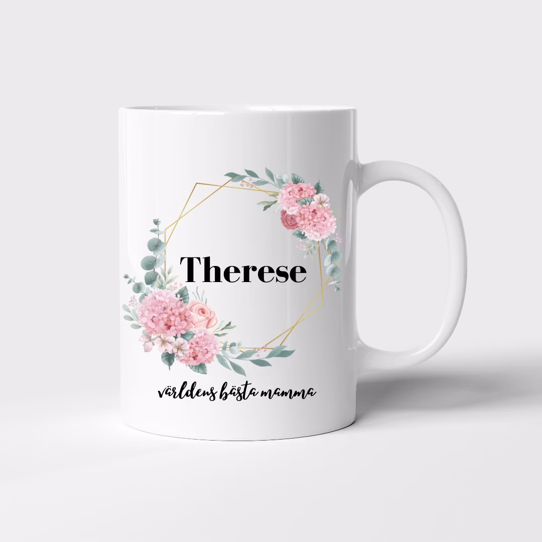 Mugg med namn och egen text - Rosa blommor