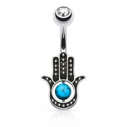 Navelpiercing med turkos hamsa hand