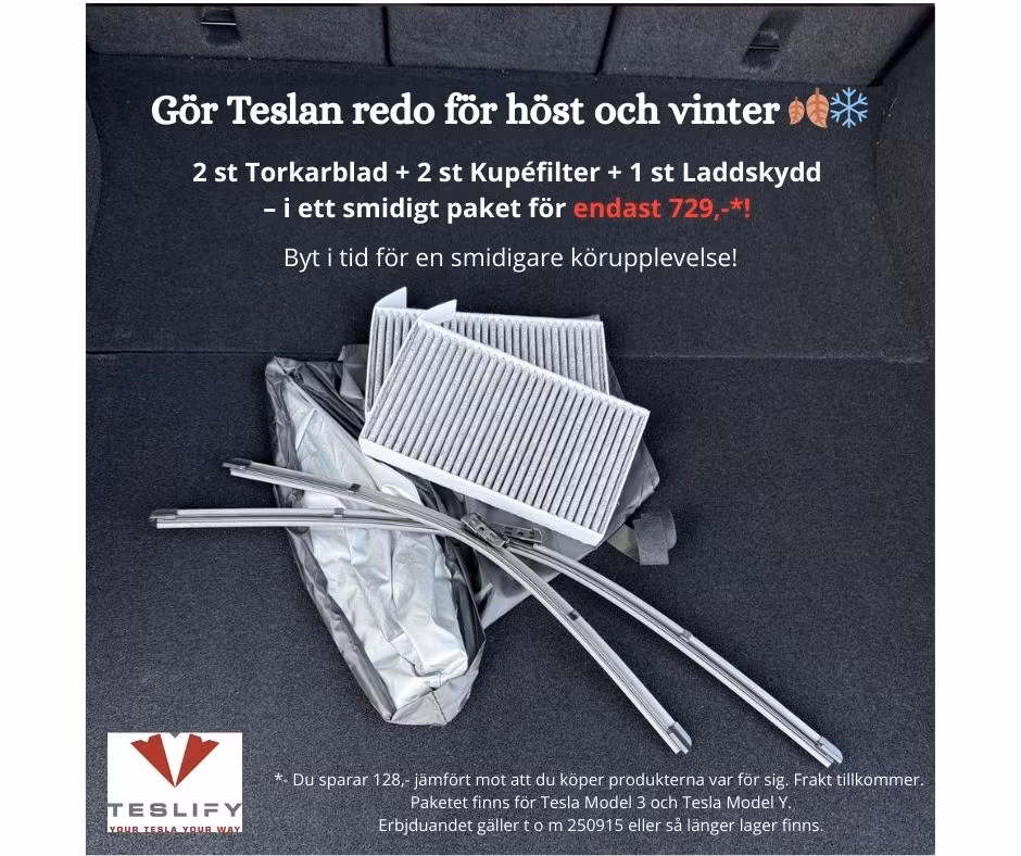 Höstpaket - torkarblad, kupéfilter, laddskydd - Tesla Model 3/Y