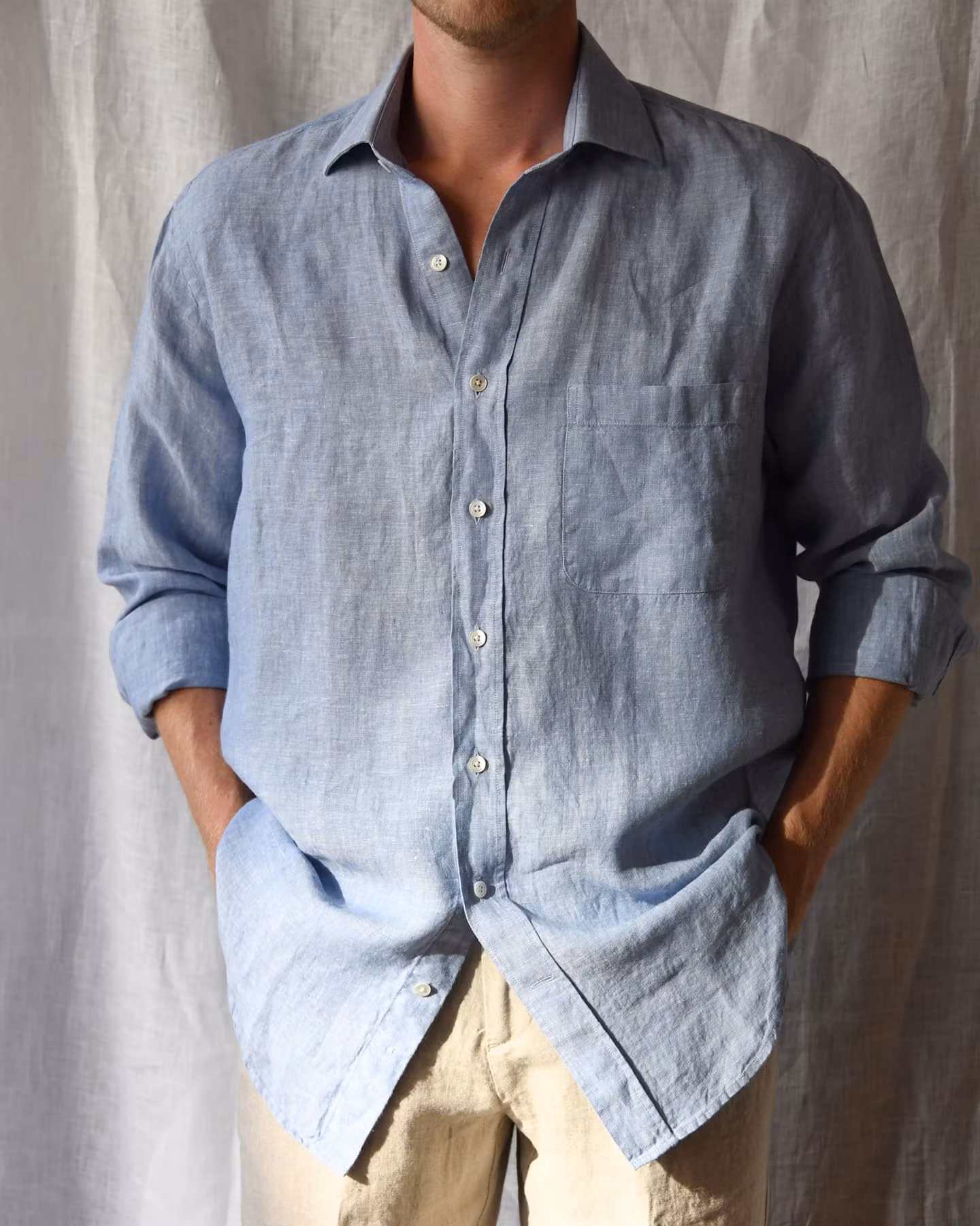 Porlamar ljusblå – linneskjorta med krage