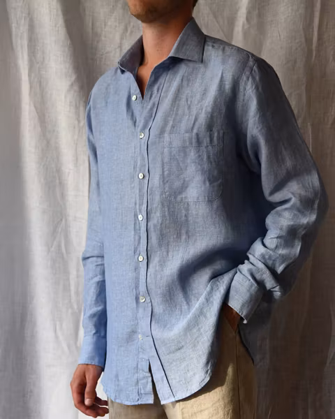 Porlamar ljusblå – linneskjorta med krage