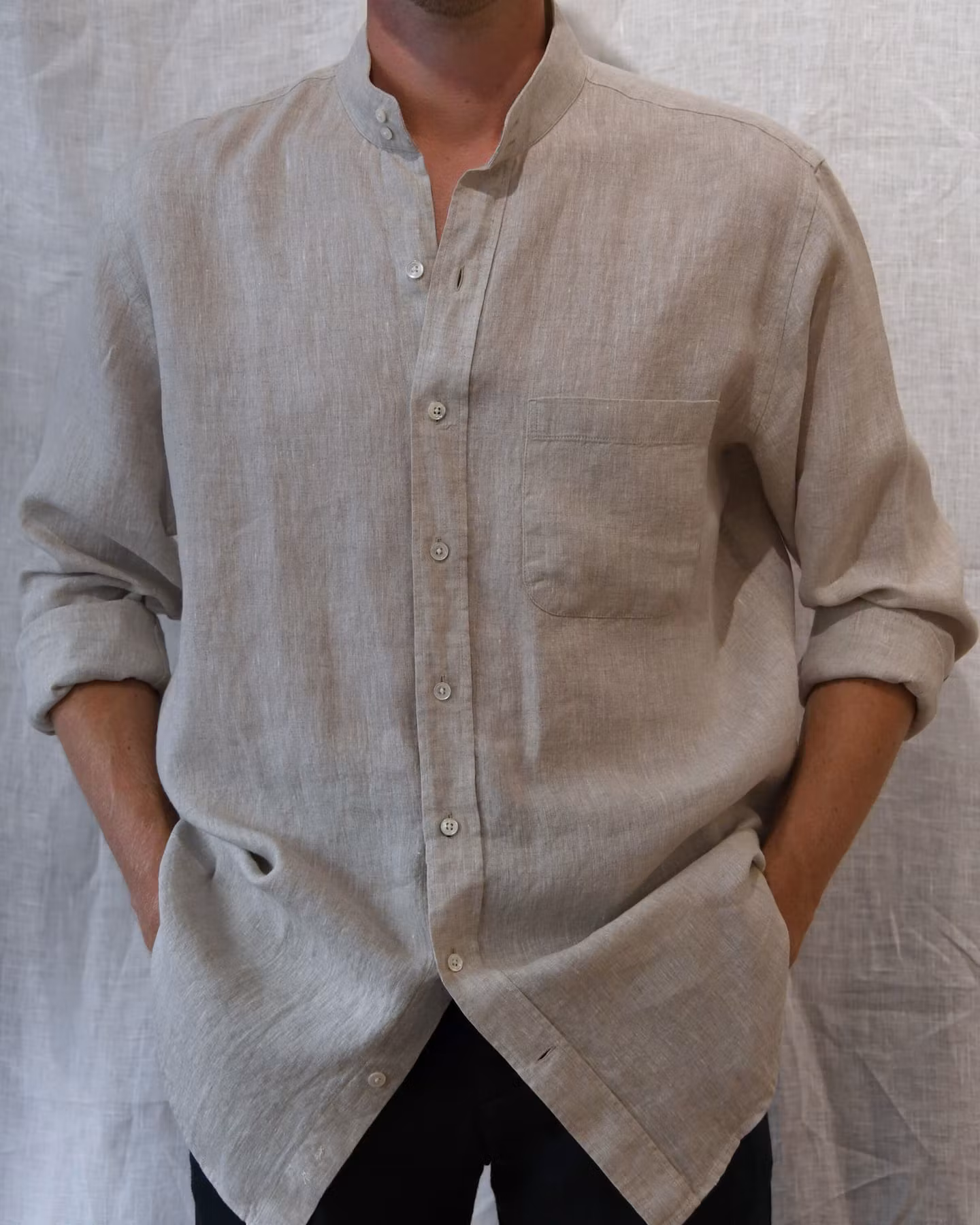 Porlamar beige – linneskjorta utan krage