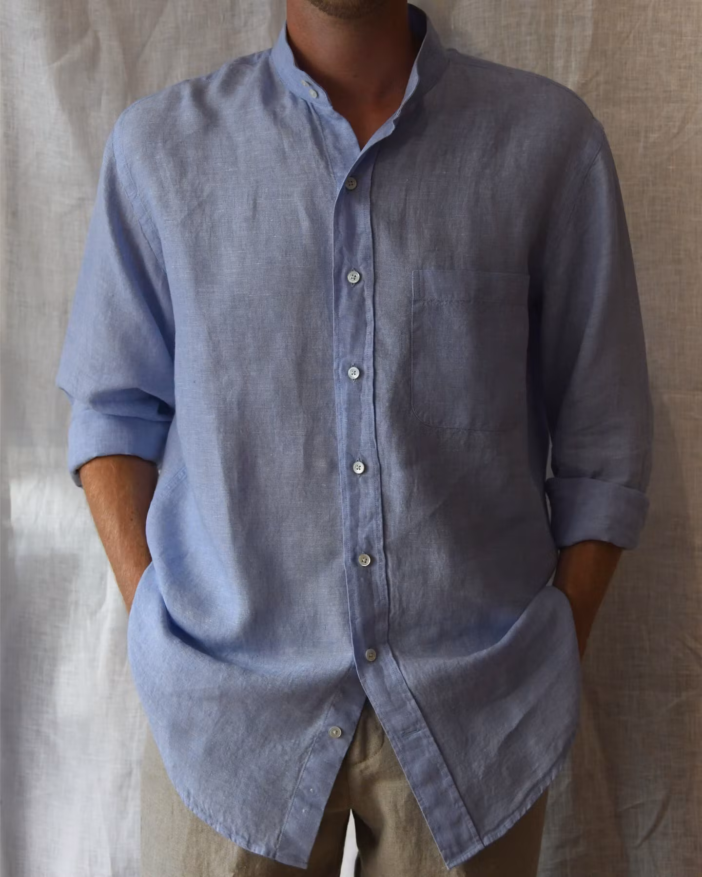 Porlamar ljusblå – linneskjorta utan krage