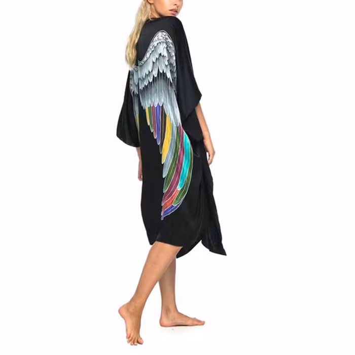 Luxe silk kimono long "Black silver warrior wings" - Warriors of the divine