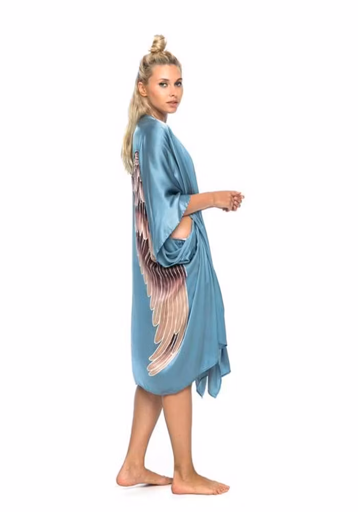 Luxe silk kimono long "Ice blue" - Warriors of the divine