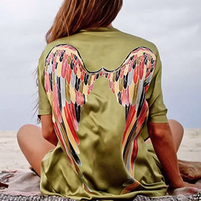 Luxe silk kimono short "Olive warrior wings" - Warriors of the divine