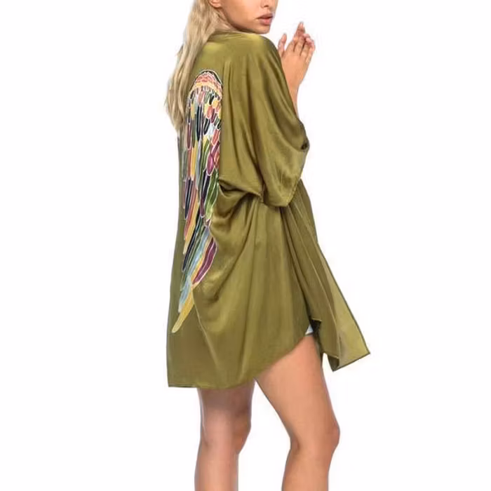 Luxe silk kimono short "Olive warrior wings" - Warriors of the divine