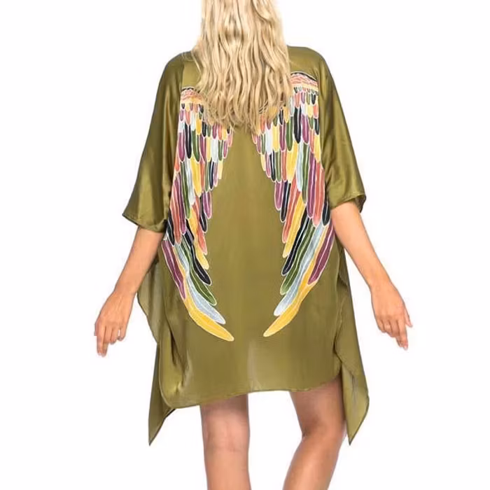 Luxe silk kimono short "Olive warrior wings" - Warriors of the divine