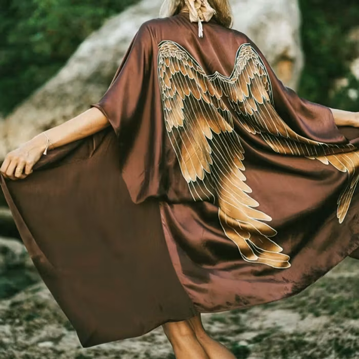 Luxe silk kimono long "Burnt Chocolate Caramel wings" - Warriors of the divine