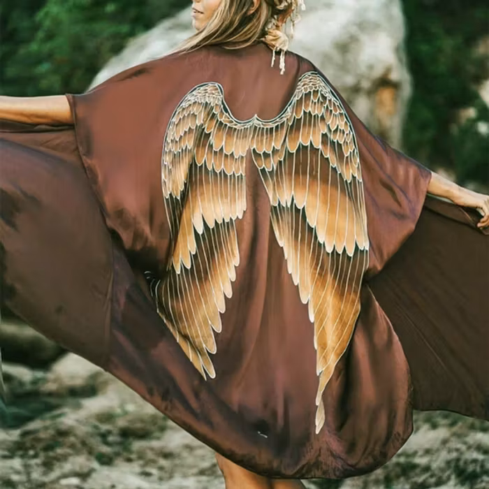 Luxe silk kimono long "Burnt Chocolate Caramel wings" - Warriors of the divine