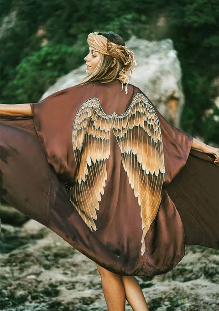 Luxe silk kimono long "Burnt Chocolate Caramel wings" - Warriors of the divine