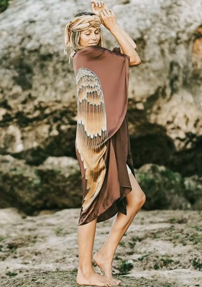 Luxe silk kimono long "Burnt Chocolate Caramel wings" - Warriors of the divine