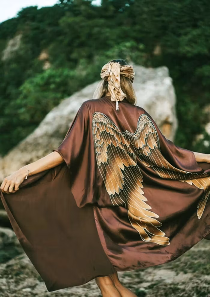 Luxe silk kimono long "Burnt Chocolate Caramel wings" - Warriors of the divine