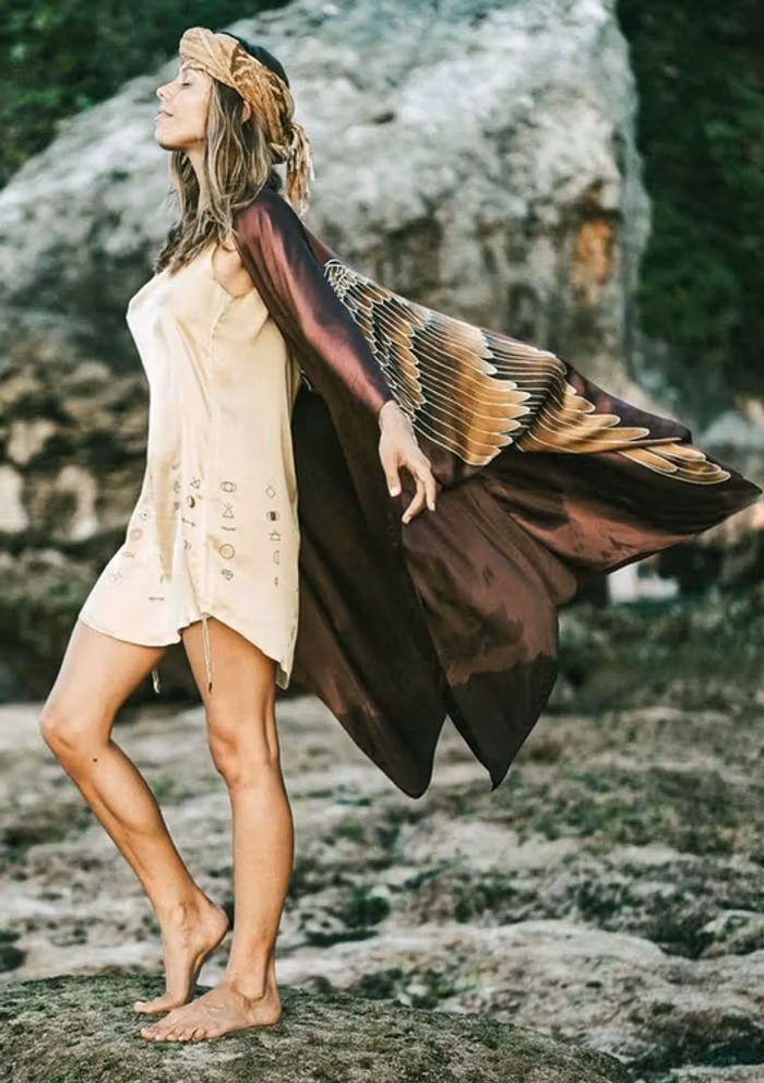 Luxe silk kimono long "Burnt Chocolate Caramel wings" - Warriors of the divine