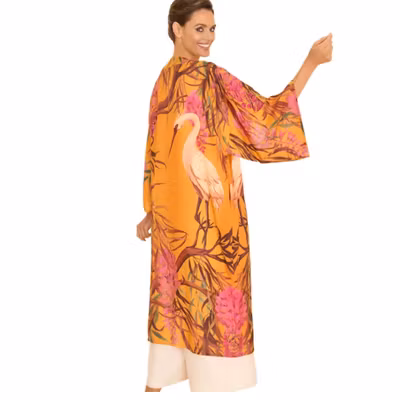 Kimono Gown - Oriental Crane - Ochre - Powder design