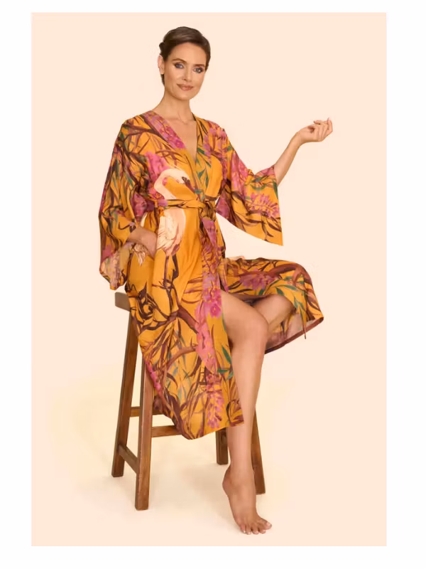 Kimono Gown - Oriental Crane - Ochre - Powder design