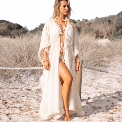 Long Kimono Fiore Aureza Ivory- IbzMode