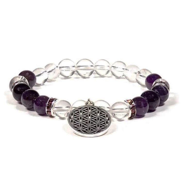 Bergkristall, Ametist (Livets Blomma) 8mm pärlor Armband