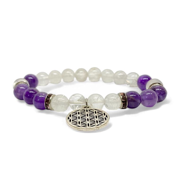 Bergkristall, Ametist (Livets Blomma) 8mm pärlor Armband