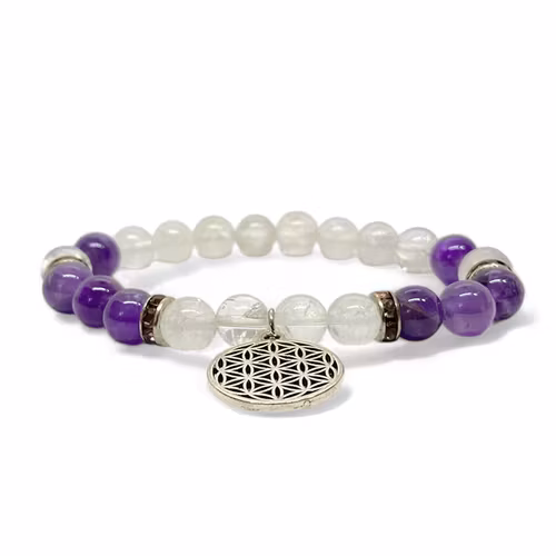 Bergkristall, Ametist (Livets Blomma) 8mm pärlor Armband