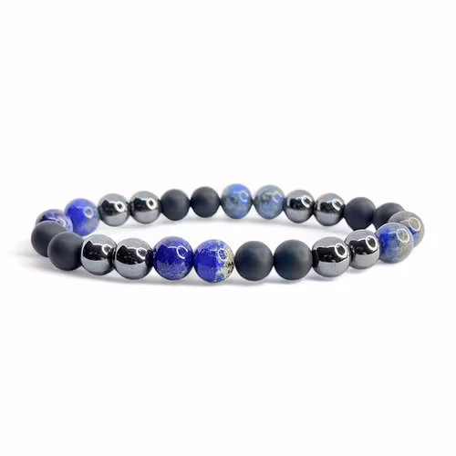 Onyx Svart, Hematit, Lapis Lazuli 8mm pärlor Armband 'Större Handled'
