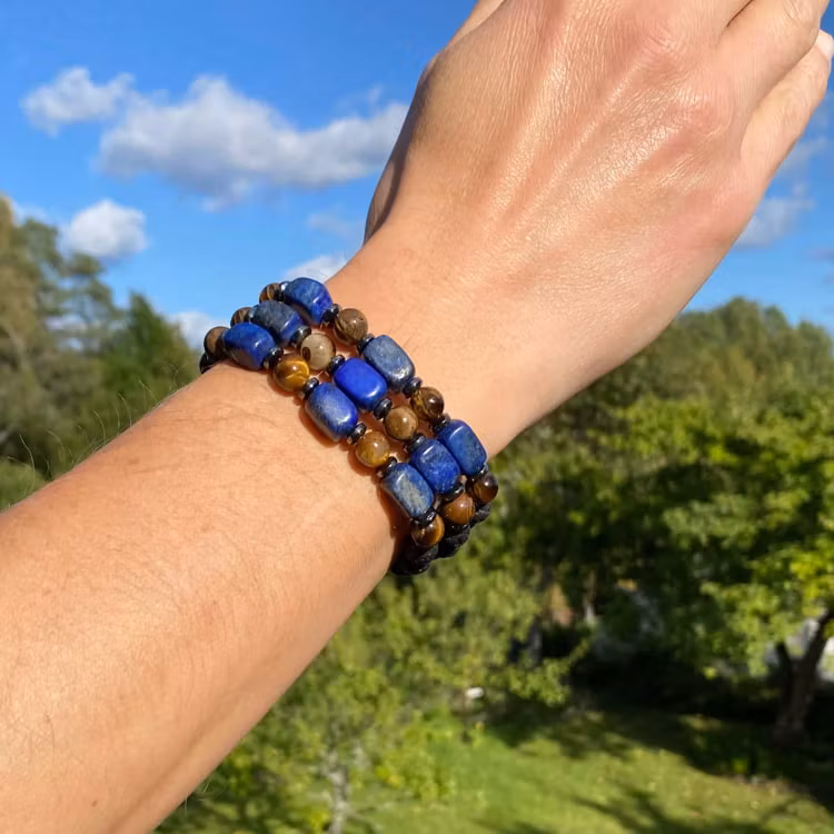 Lapis Lazuli, Tigeröga, Lavasten, Hematit Armband (Större handled)