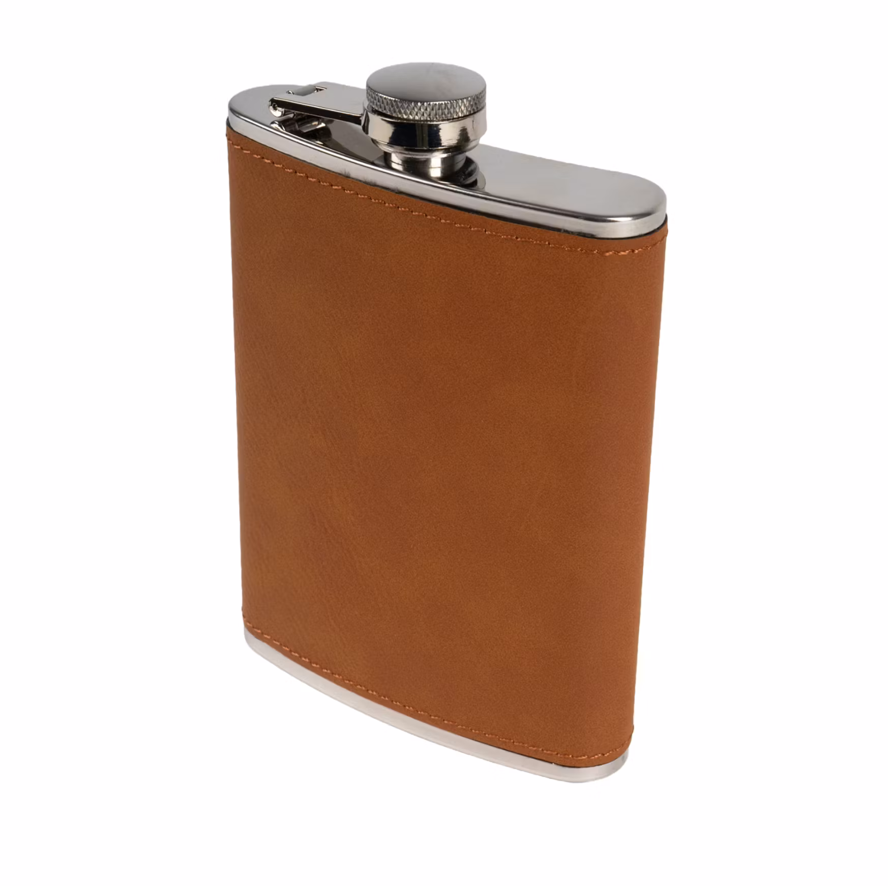 Fickplunta i rostfritt stål med läderhölje.