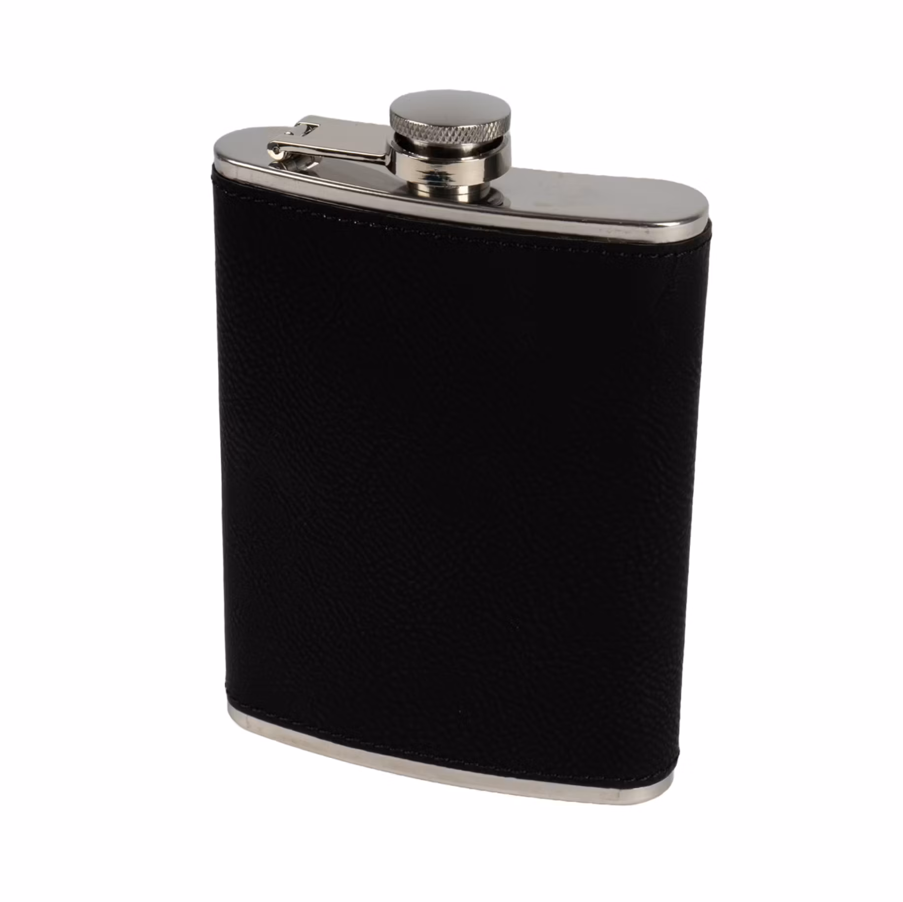 Fickplunta i rostfritt stål med läderhölje.