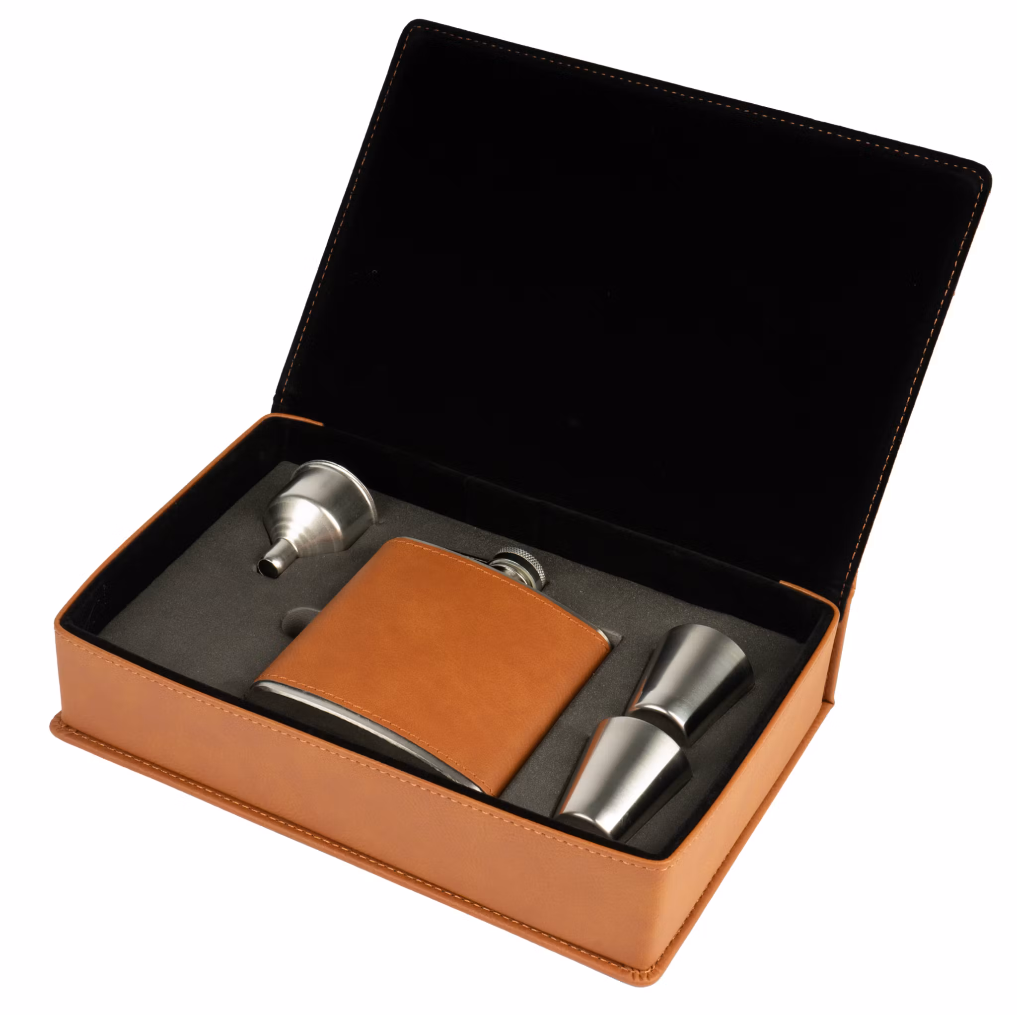 Exklusivt gåvoset med fickplunta, två shot muggar och tratt