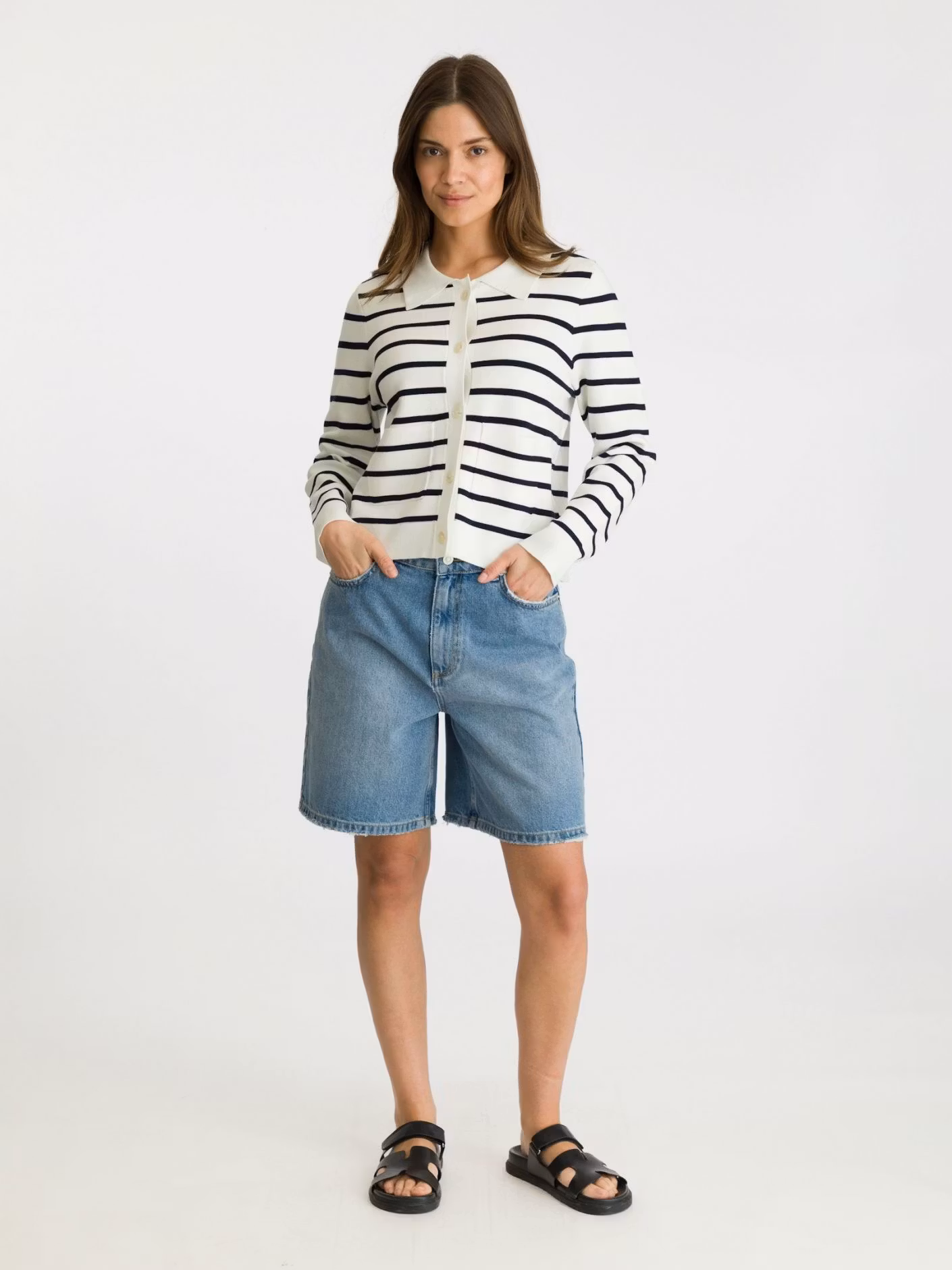Neo Noir - Tippi Knit Stripe Cardigan (White/ Navy)