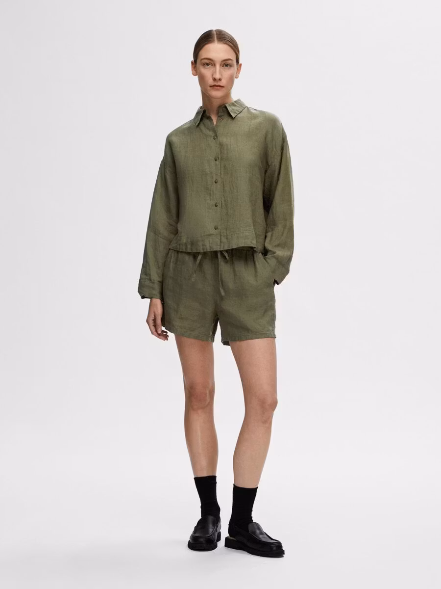 Selected Femme - SLFLINNIE MW LINEN SHORTS B (Olivine)