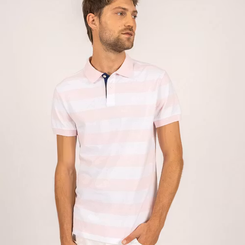 Saint James - Scott polo shirt with large stripes (Rose/ Blanc)