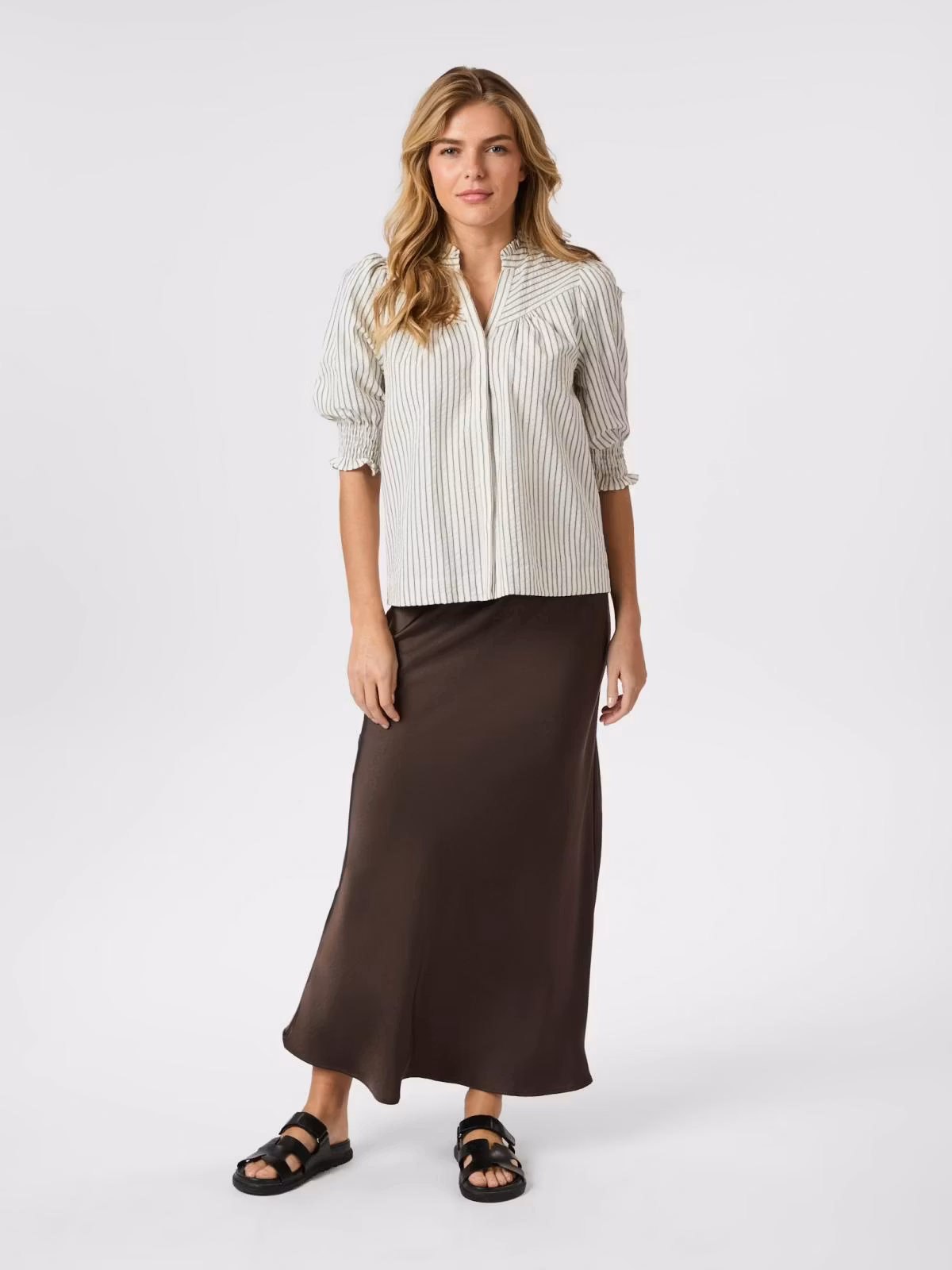 Neo Noir - Diana Crepe Stripe Blouse (Brown)