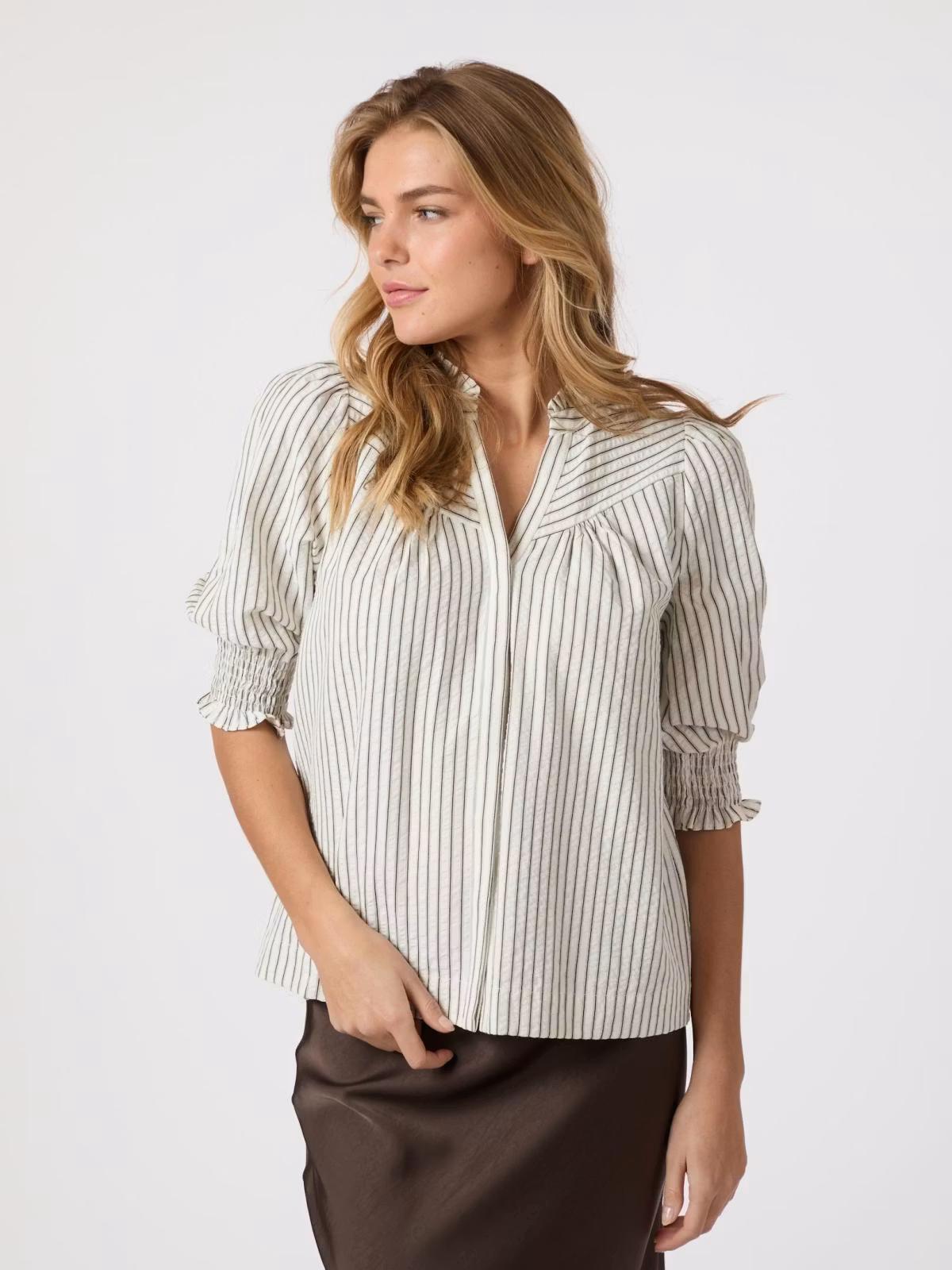 Neo Noir - Diana Crepe Stripe Blouse (Brown)