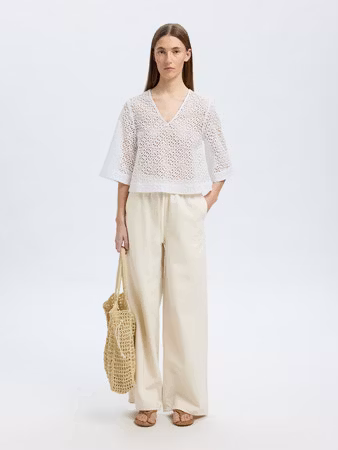 Selected Femme - SLFLAERKE 3/4 CROPPED BRODERI ANG TOP (White)