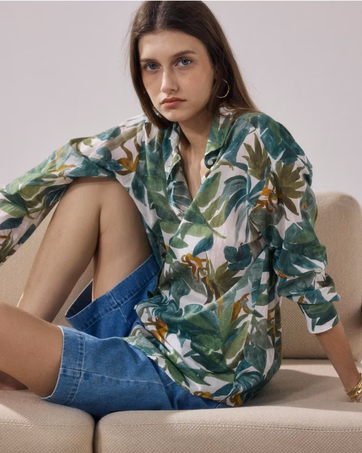 Hartford - CHARLOT SHIRT - CHARLOT WOMEN'S WHITE & GREEN PRINTED COTTON SHIRT